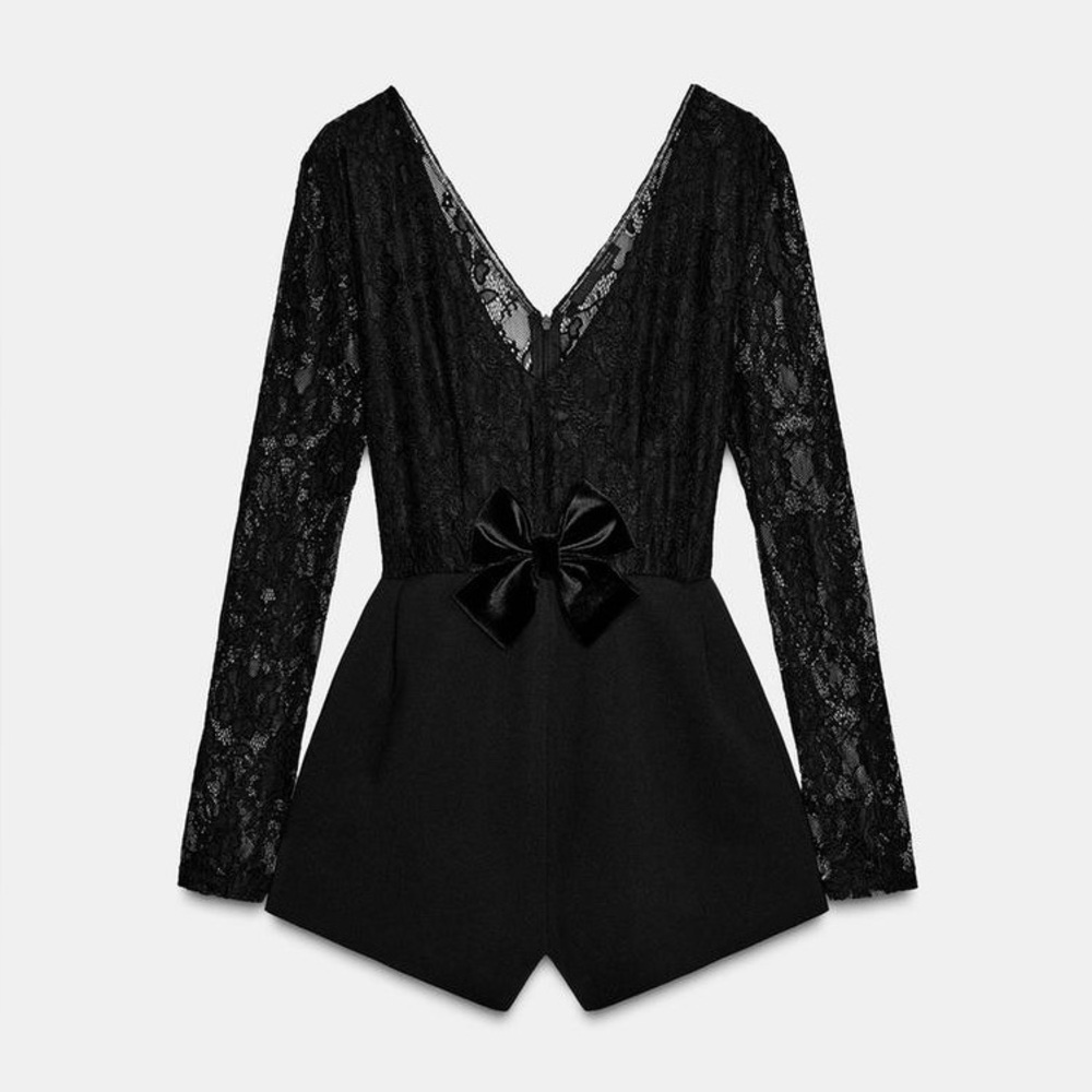 ZARA Collection Black Combination Lace Romper Shorts Jumpsuit w Bow | M NWT